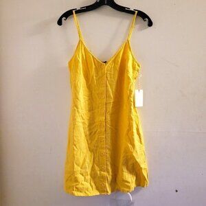 NEW Forever 21 Woven Yellow Linen Sleeveless Tank Button Front Mini Dress Small
